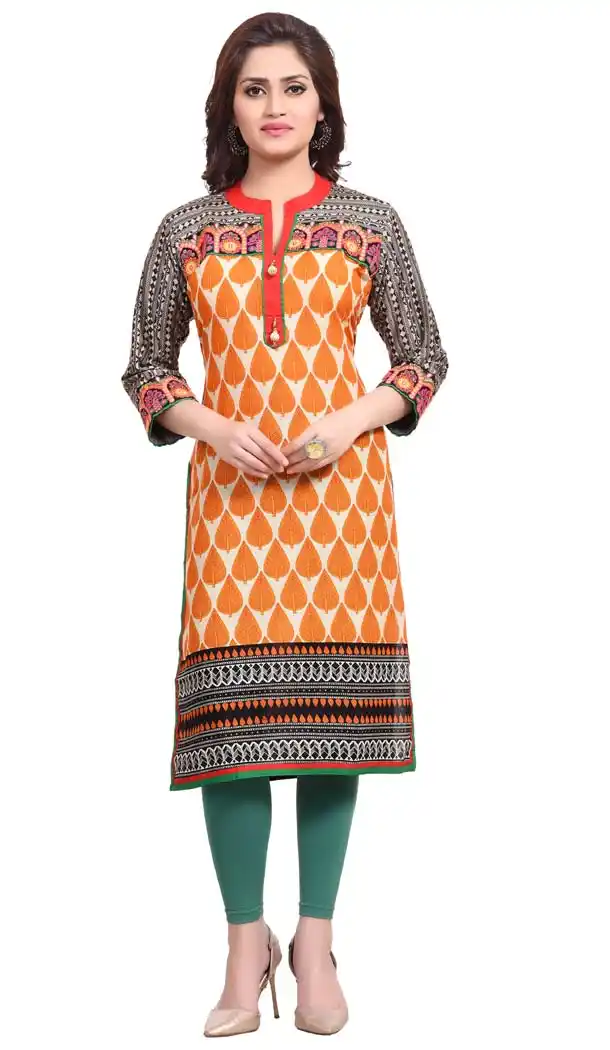 Orange Color Cotton Printed Casual Wear Readymade Kurti | FH578085444
