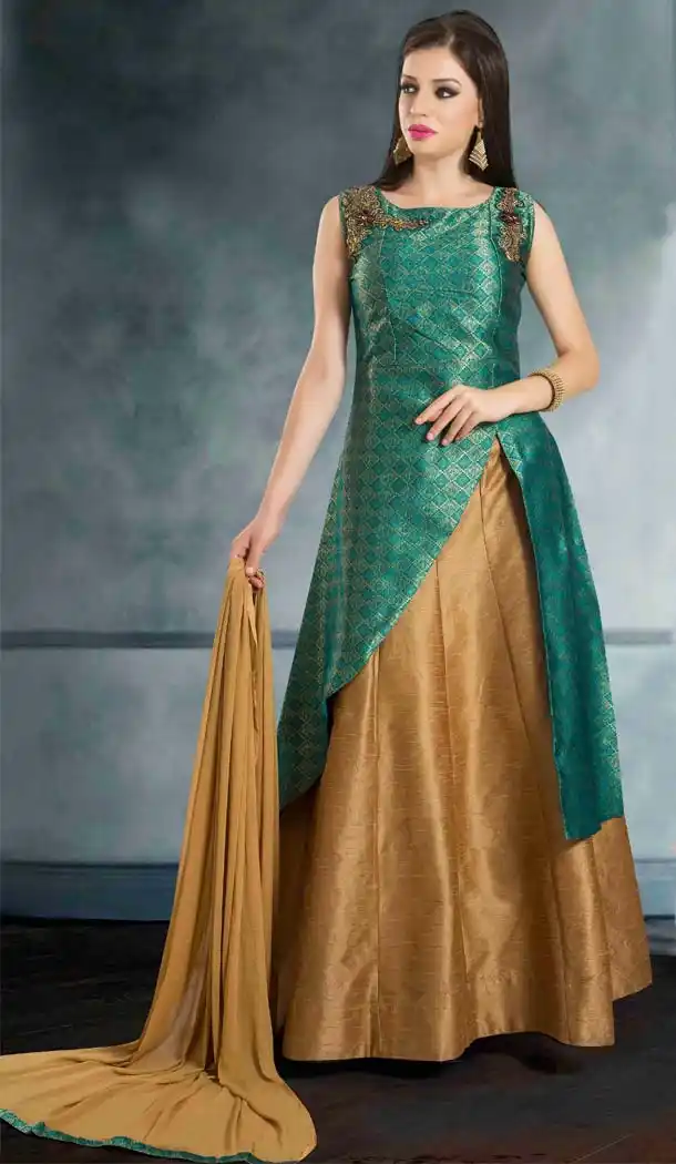 Green Color Raw Silk Anarkali Style Salwar Kameez | FH578985549