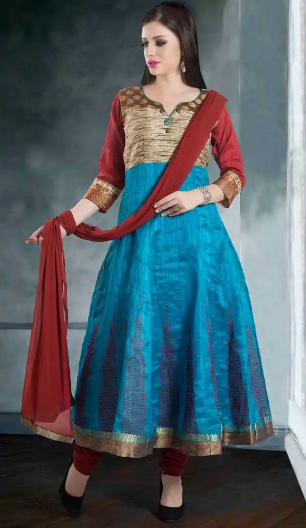 Azure Blue Color Raw Silk Anarkali Style Salwar Kameez | FH578985553