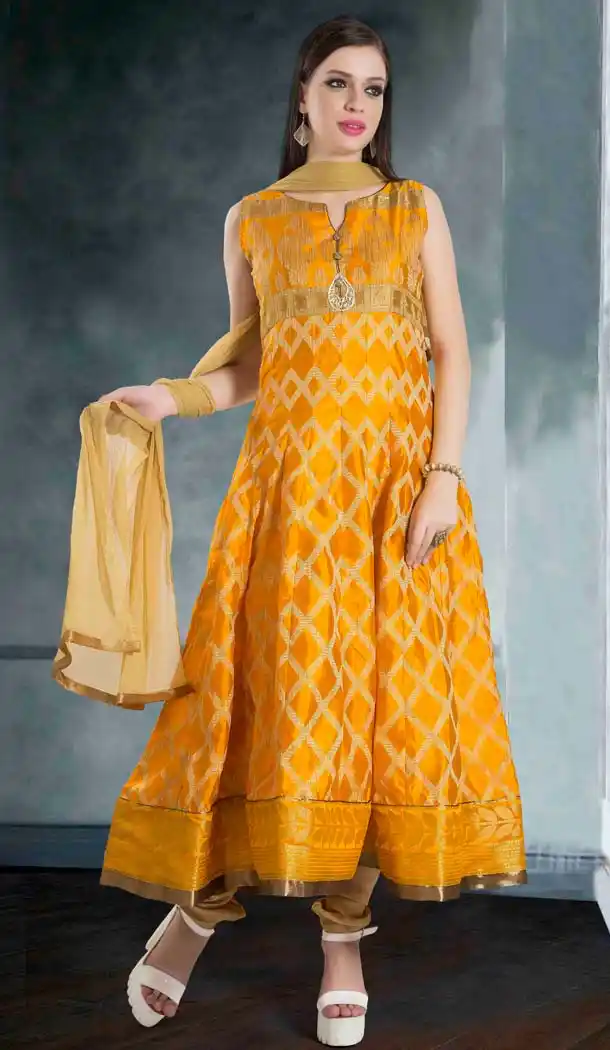Orange Color Raw Silk Anarkali Style Salwar Kameez | FH578985555
