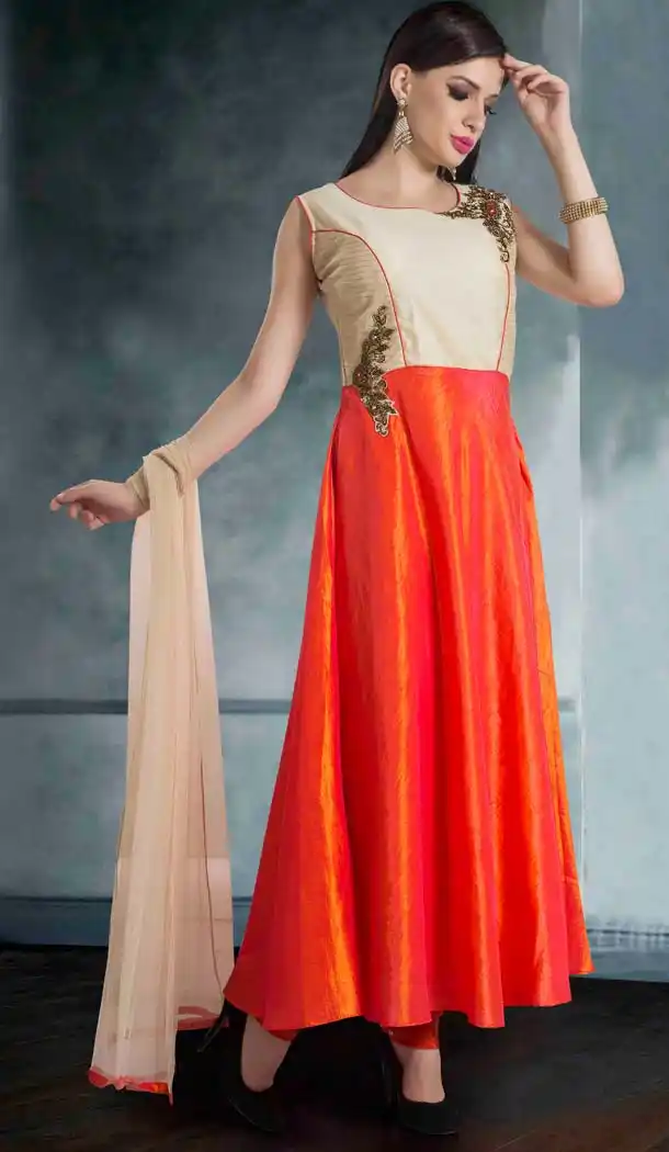 Orange Color Chanderi Silk Anarkali Style Salwar Kameez | FH578985560