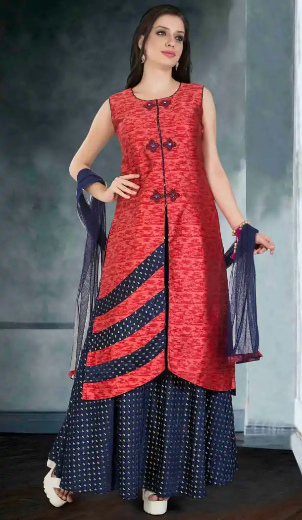 Salmon Color Chanderi Silk Achkan Style Salwar Kameez | FH578985563