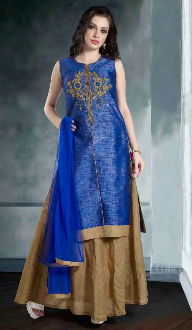 Blue Color Dupioni Raw Silk Straight Cut Style Salwar Kameez | FH578985565