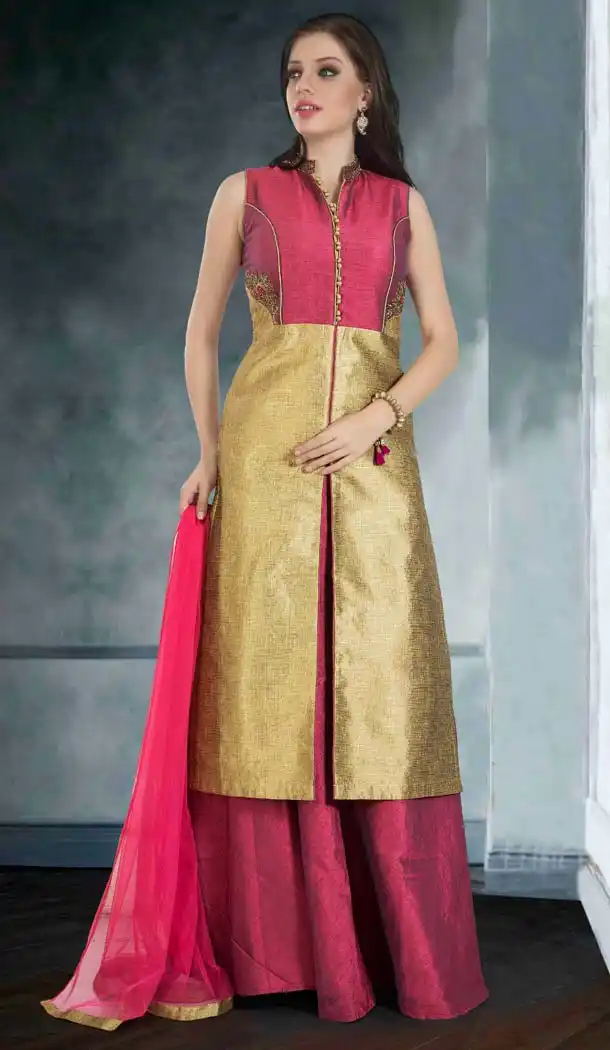 Pink Color Dupioni Raw Silk Achkan Style Salwar Kameez | FH578985566