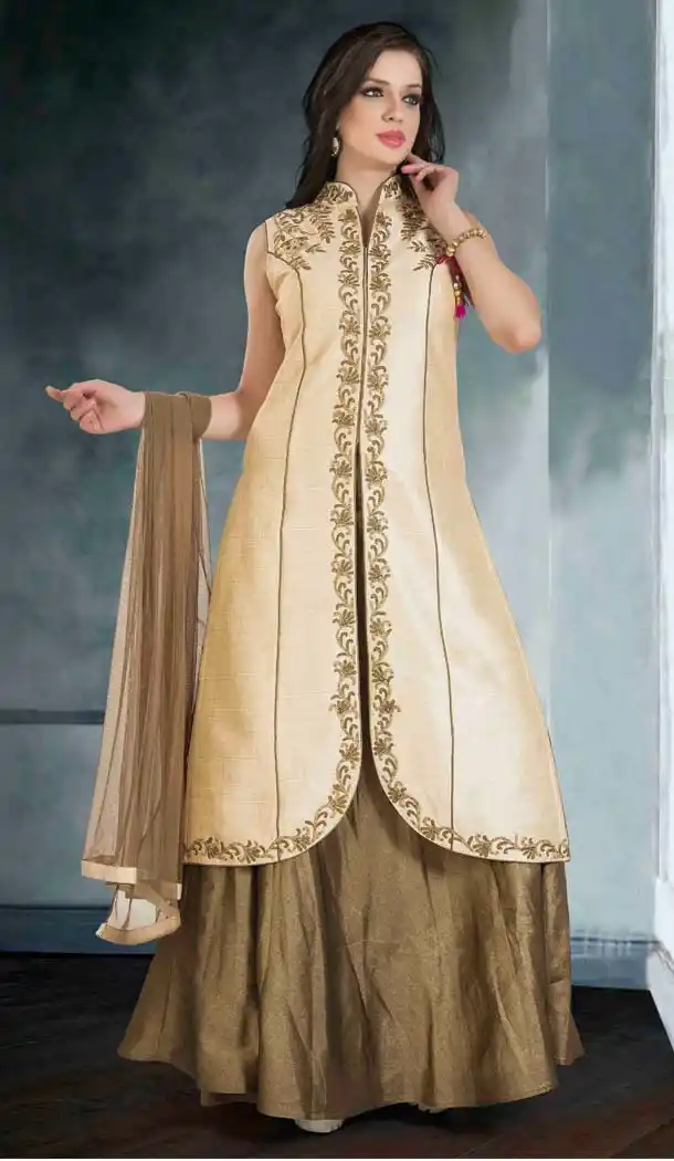 Cream Color Dupioni Raw Silk Achkan Style Salwar Kameez | FH578985567