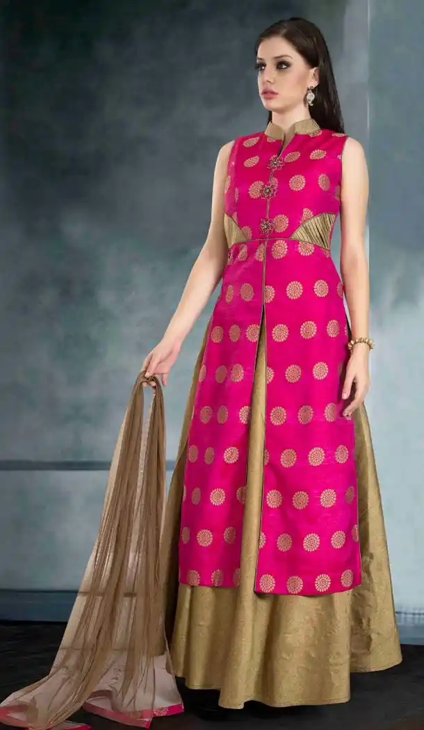 Deep Pink Color Dupioni Raw Silk Achkan Style Salwar Kameez | FH578985568