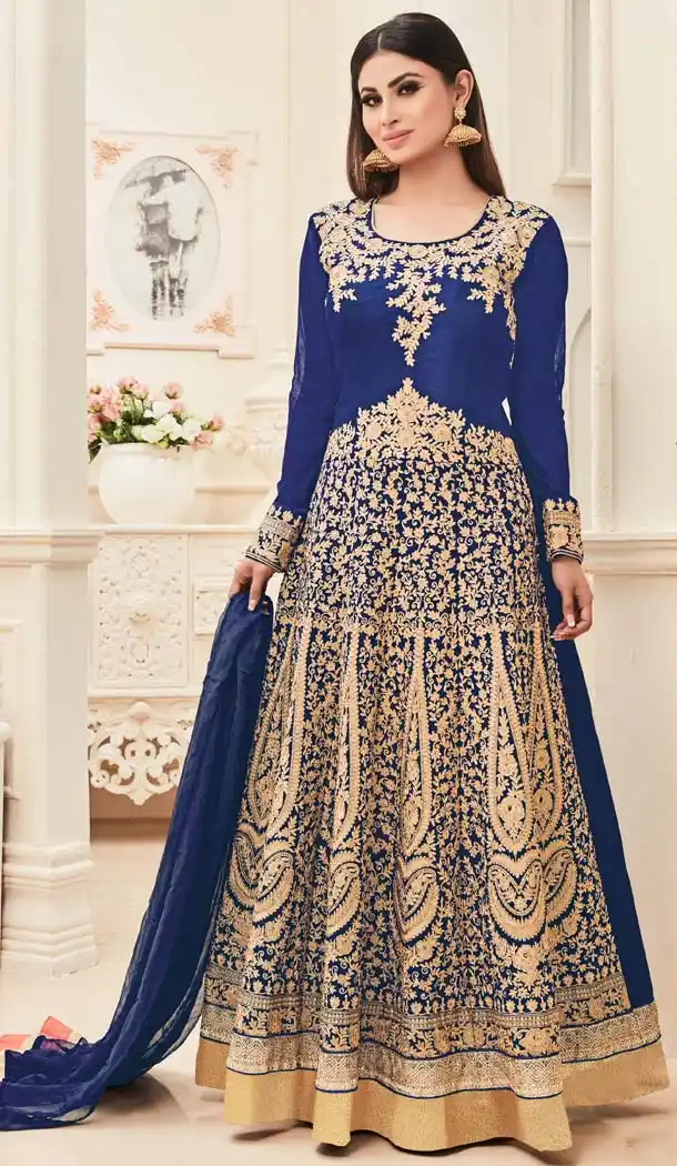 Bollywood Tv Actress Mouni Roy in Blue Color Banarasi Silk Salwar Kameez | FH579085573