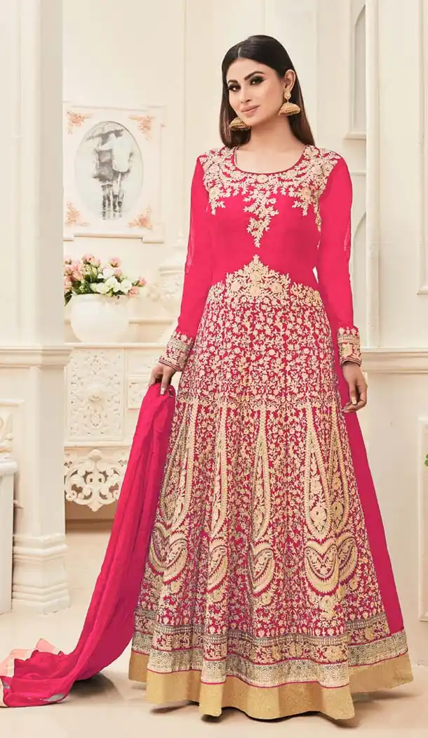 Bollywood Tv Actress Mouni Roy in Pink Color Banarasi Silk Salwar Kameez | FH579085574