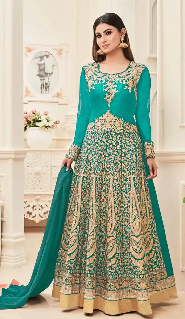 Bollywood Tv Actress Mouni Roy in Turquoise Color Banarasi Silk Salwar Kameez | FH579085575