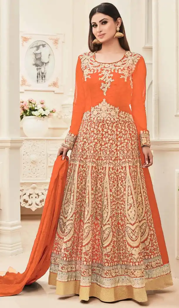 Bollywood Tv Actress Mouni Roy in Orange Color Banarasi Silk Salwar Kameez | FH579085576