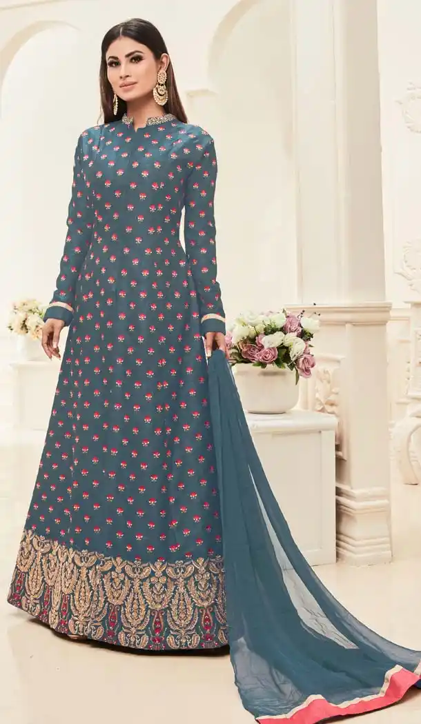 Bollywood Tv Actress Mouni Roy in Slate Grey Color Silk Salwar Kameez | FH579085578
