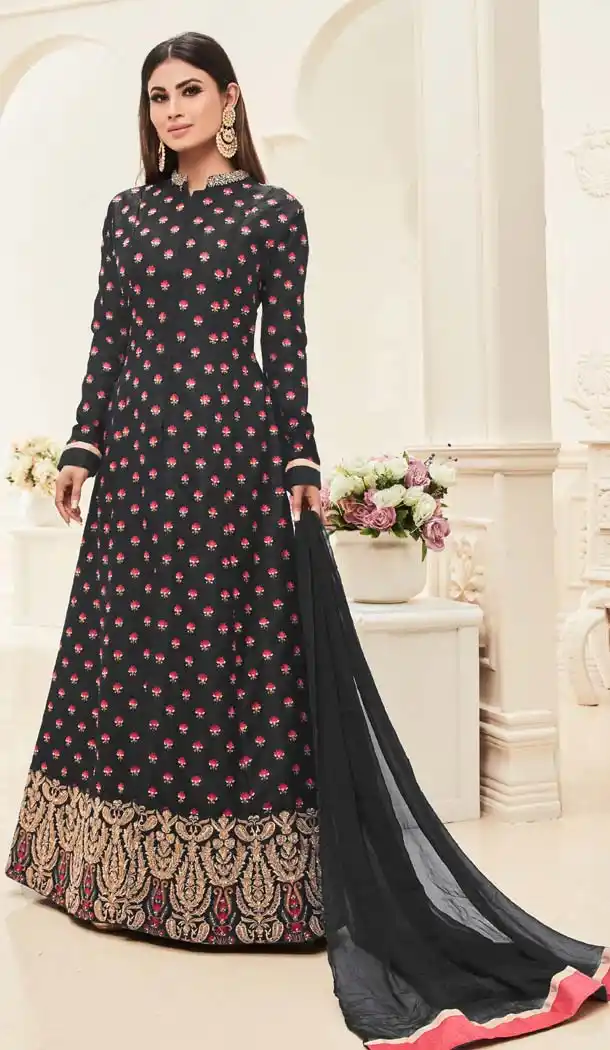 Bollywood Tv Actress Mouni Roy in Black Color Silk Salwar Kameez | FH579085580