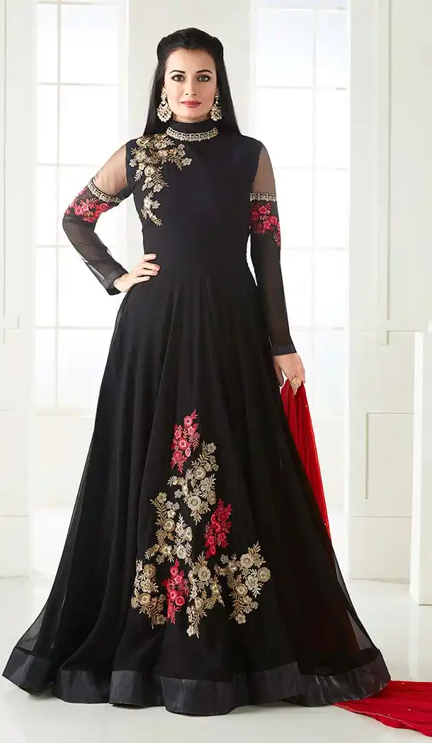 Bollywood Celebrity Dia Mirza Long Anarkali Salwar kameez in Black Color | FH579285598