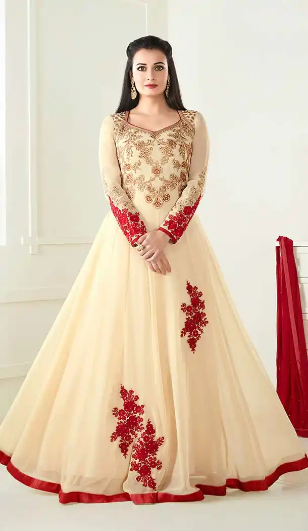 Bollywood Celebrity Dia Mirza Long Anarkali Salwar kameez in Cream Color | FH579285599