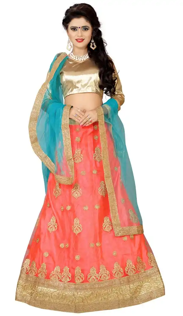Coral Color Net Embroidery Circular Style Lehenga Choli | FH579385605
