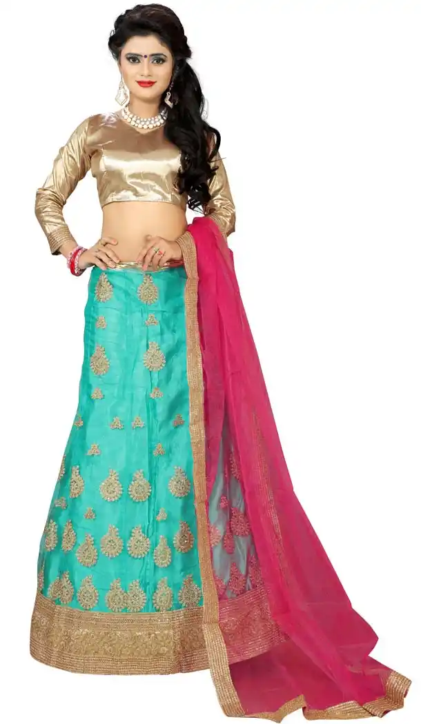 Turquoise Color Net Embroidery Circular Style Lehenga Choli | FH579385609