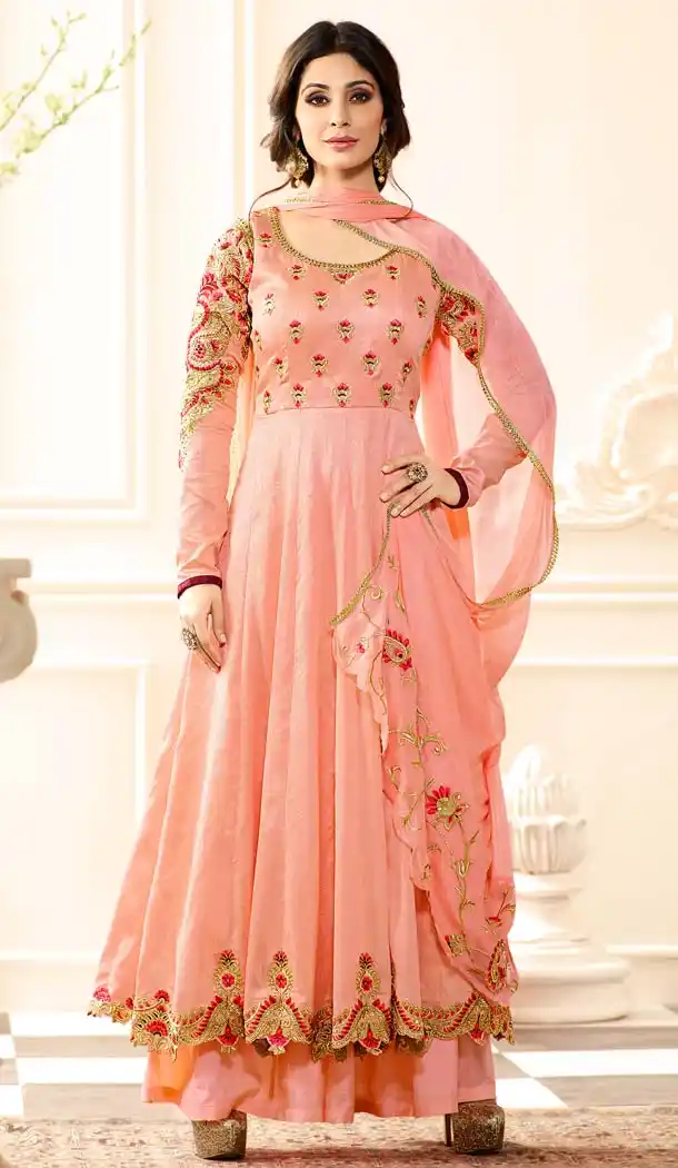 Womes Orange Color Raw Silk Embroidery Anarkali Palazzo Dresses | FH579985646