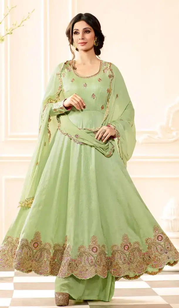 Womes Green Color Raw Silk Embroidery Anarkali Palazzo Dresses | FH579985647
