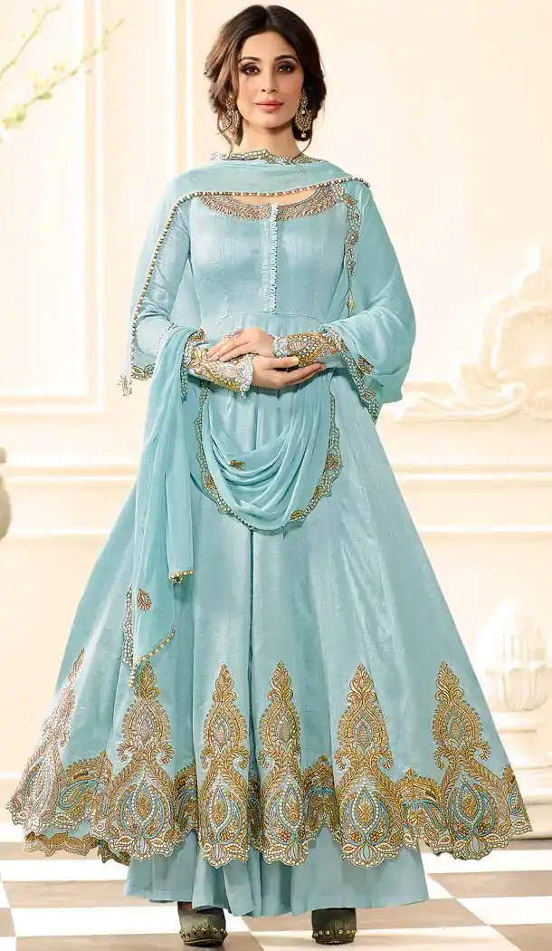 Womes Sky Blue Color Raw Silk Embroidery Anarkali Palazzo Dresses | FH579985648