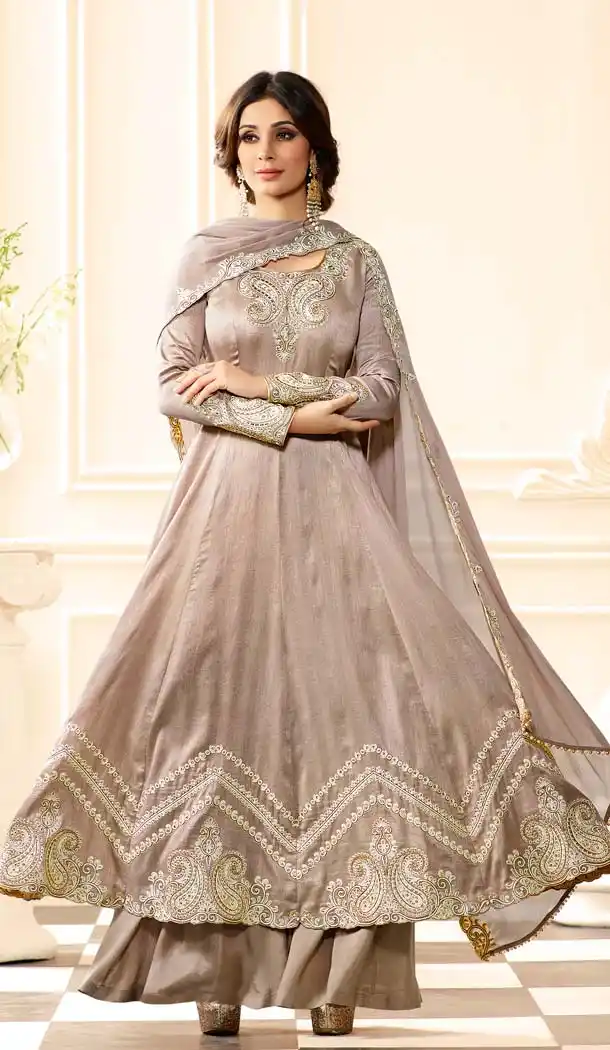 Womes Tan Brown Color Raw Silk Embroidery Anarkali Palazzo Dresses | FH579985649