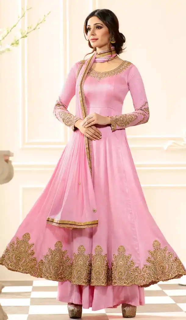 Womes Pink Color Raw Silk Embroidery Anarkali Palazzo Dresses | FH579985650