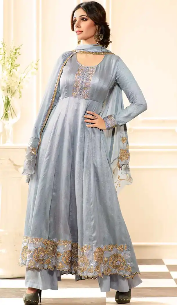 Womes Slate Grey Color Raw Silk Embroidery Anarkali Palazzo Dresses | FH579985651