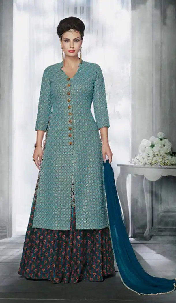Greenish Blue Color Georgette Achkan Style Designer Wear Dresses | FH580085652