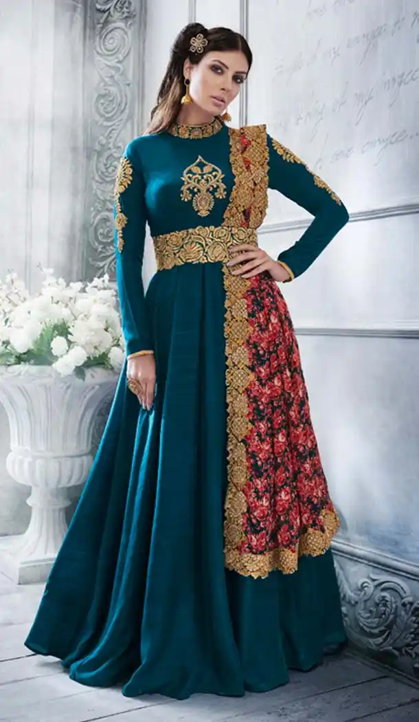 Teal Blue Color Silk Anarkali Style Designer Wear Dresses | FH580085654