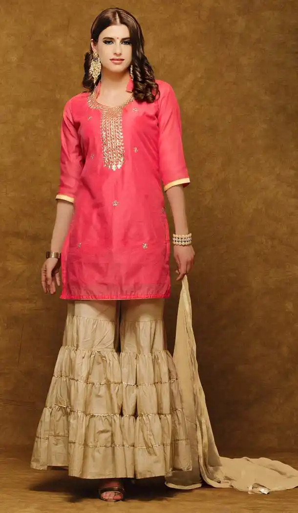 Pink Color Chanderi Silk Embroidery Straight Cut Sharara Suit | FH580185665