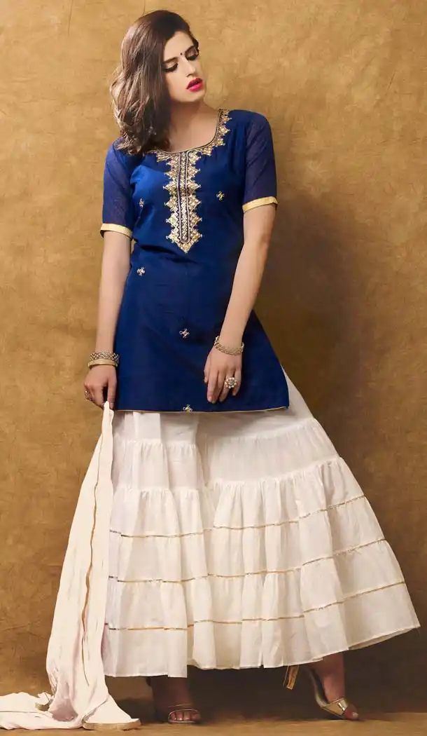 Blue Color Chanderi Silk Embroidery Straight Cut Sharara Suit | FH580185670