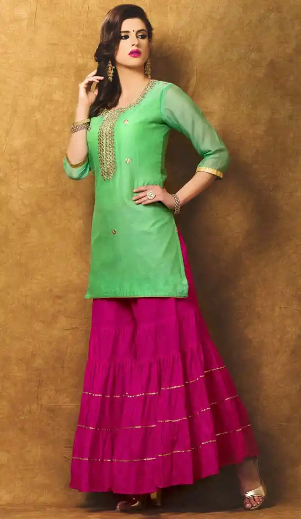 Aloe Vera Green Color Chanderi Silk Embroidery Straight Cut Sharara Suit | FH580185671