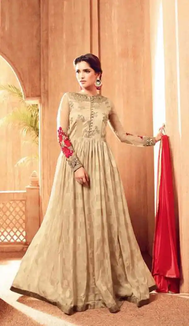 Women's Viscose Satin Beige Color Long Anarkali Salwar Kameez | FH580885732