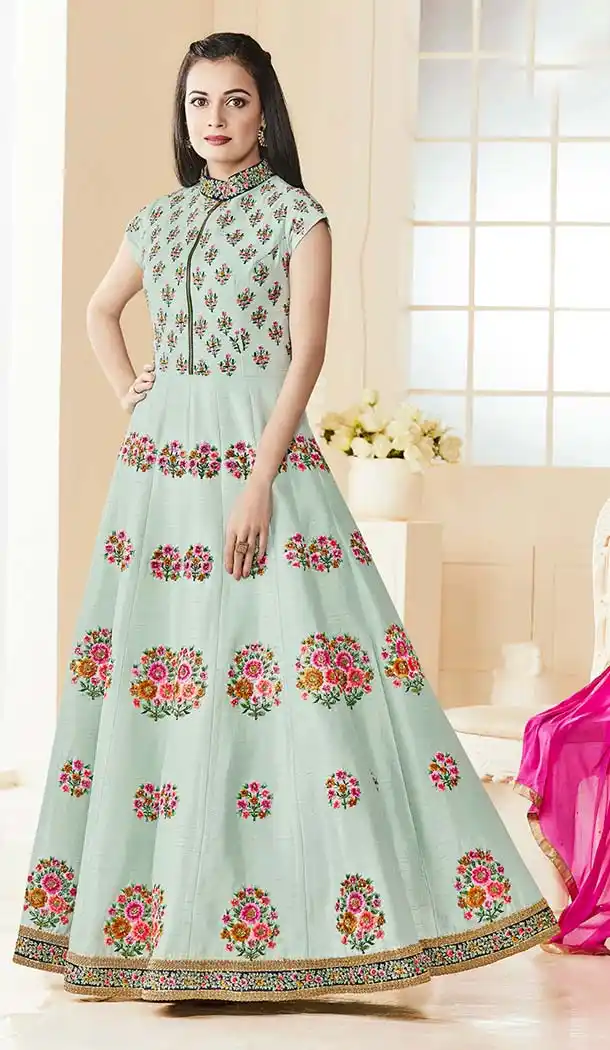 Bollywood Actress Dia Mirza in Aloe Vera Green Color with Silk Anarkali Salwar Kameez | FH581485820