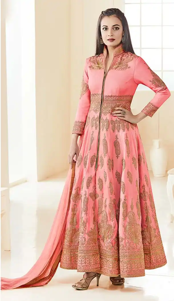 Bollywood Actress Dia Mirza in Salmon Color with Silk Anarkali Salwar Kameez | FH581485821