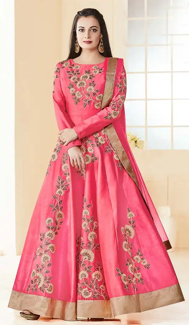Bollywood Actress Dia Mirza in Pink Color with Silk Anarkali Salwar Kameez | FH581485823