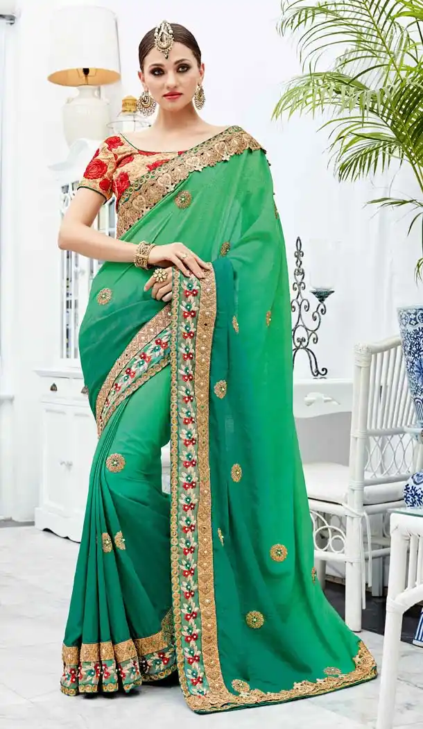 Emerald Color Silk Party Wear Style Sarees Blouse | FH582086052