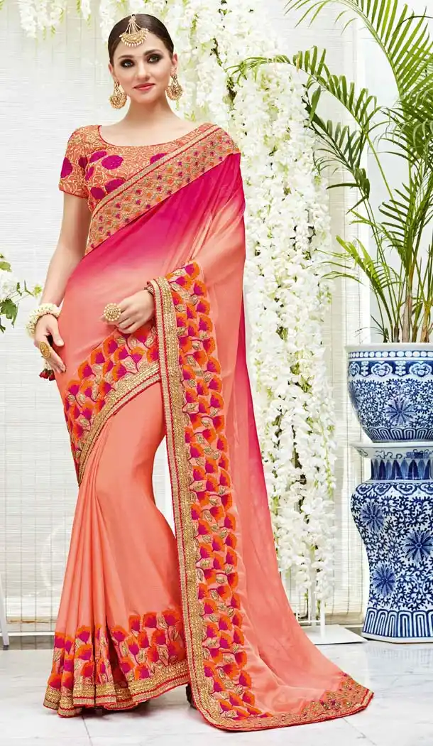 Salmon Color Chiffon Party Wear Style Sarees Blouse | FH582086053