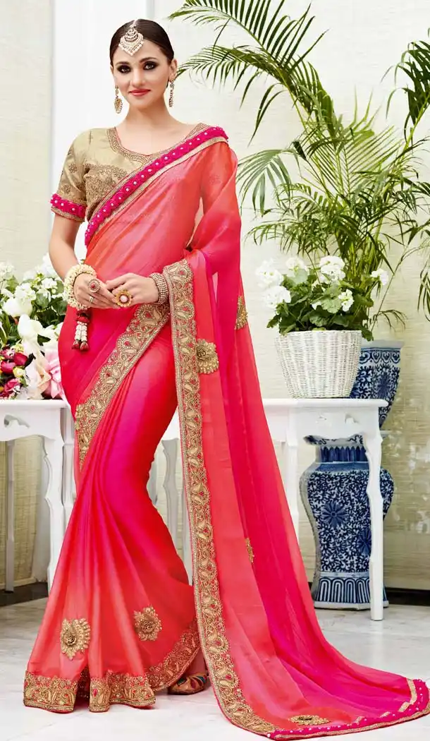 Deep Pink Color Chiffon Party Wear Style Sarees Blouse | FH582086054