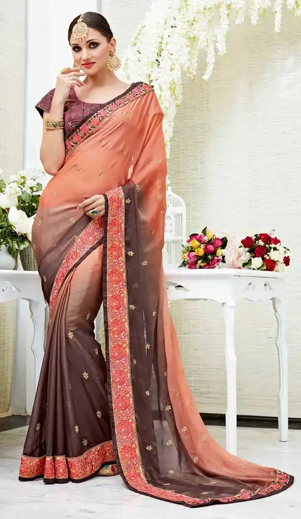 Chocolate Color Chiffon Party Wear Style Sarees Blouse | FH582086056
