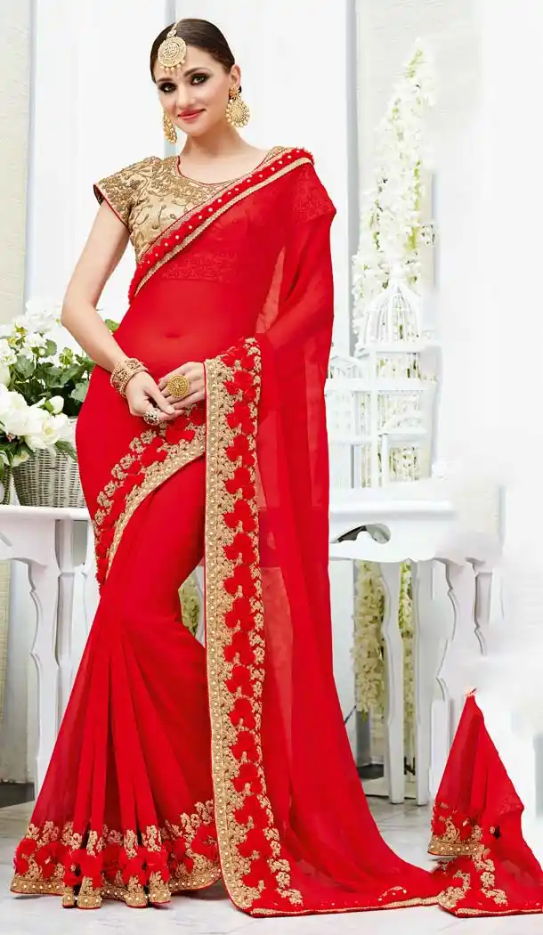 Red Color Georgette Party Wear Style Sarees Blouse | FH582086057