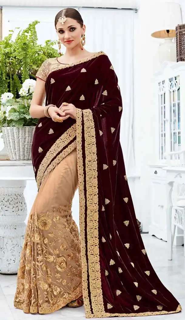 Tan Brown Color Velvet Party Wear Style Sarees Blouse | FH582086058