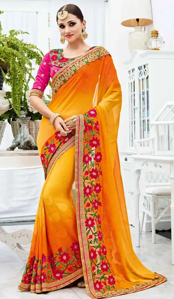 Yellow Color Chiffon Party Wear Style Sarees Blouse | FH582086059