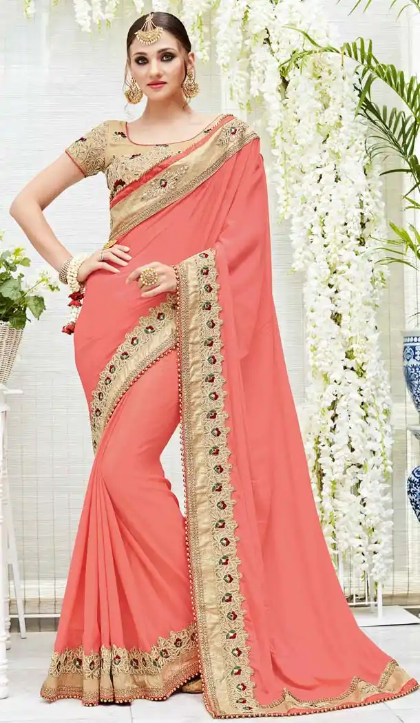 Pink Color Chiffon Party Wear Style Sarees Blouse | FH582086060