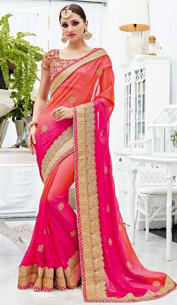 Deep Pink Color Chiffon Party Wear Style Sarees Blouse | FH582086062