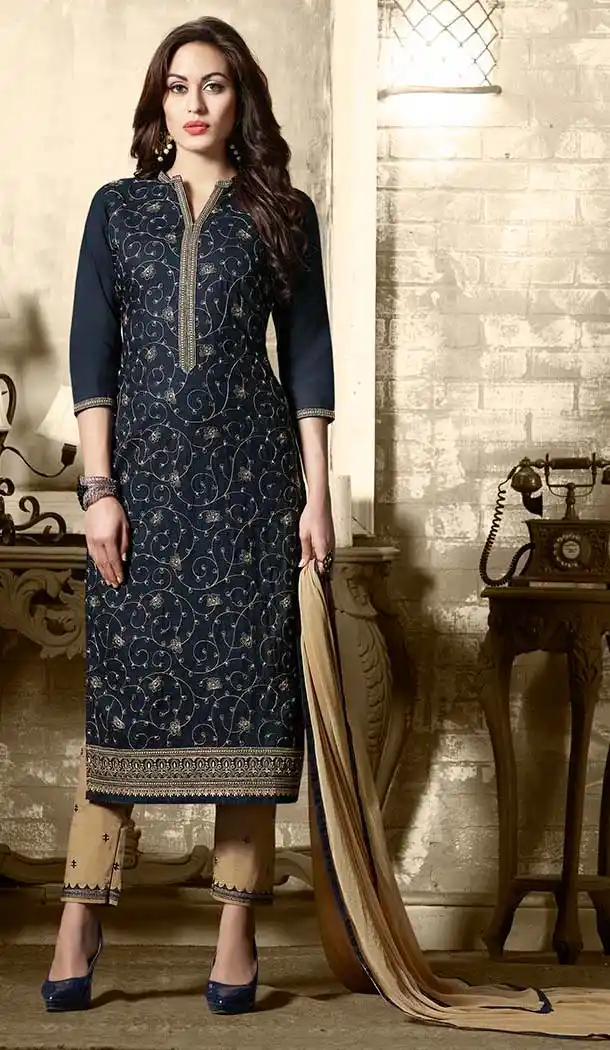 Navy Blue Color Cotton Embroidery Casual Salwar Kameez | FH582385873