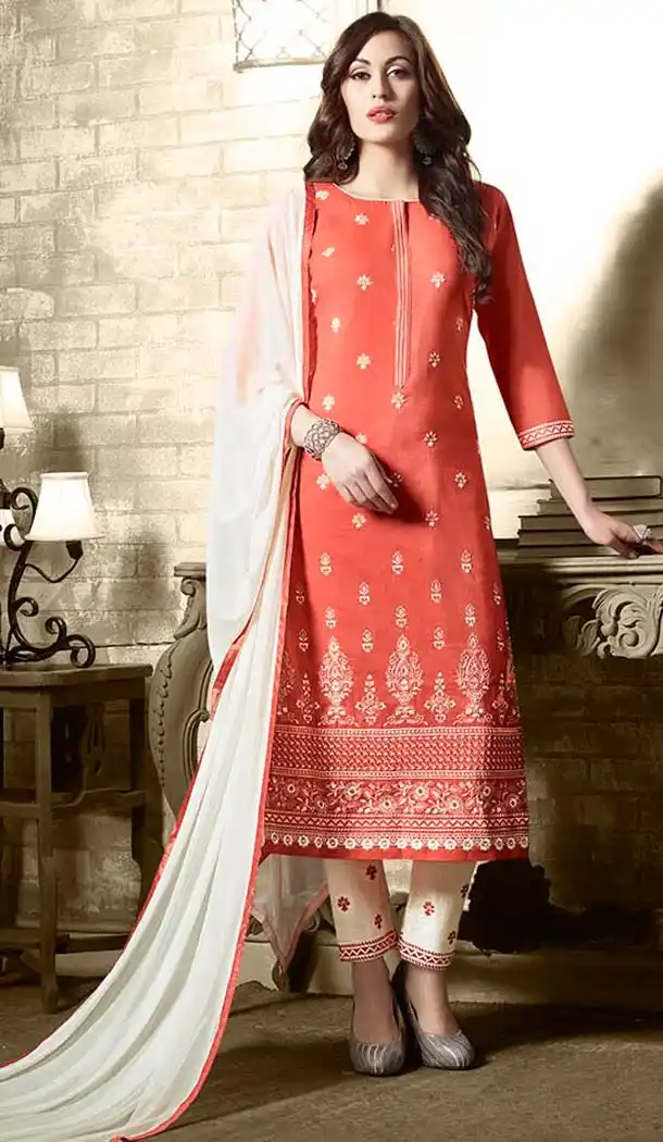 Orange Color Cotton Embroidery Casual Salwar Kameez | FH582385874