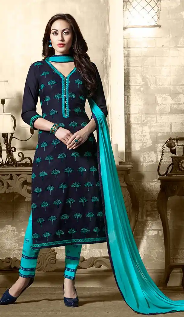 Navy Blue Color Cotton Embroidery Casual Salwar Kameez | FH582385876