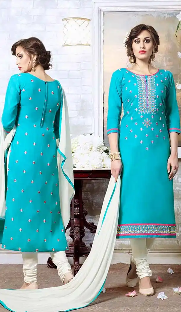 Sky Blue Color Cotton Embroidery Casual Salwar Kameez | FH582385879
