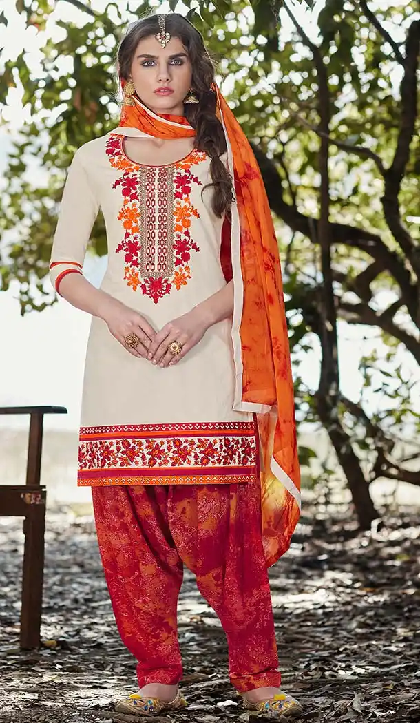 Off White Color Cotton Embroidery Casual Punjabi Patiyala Suit | FH582785951