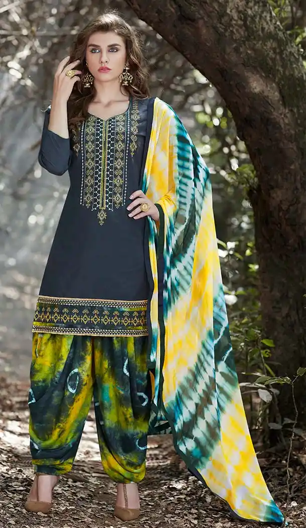 Slate Grey Color Cotton Embroidery Casual Punjabi Patiyala Suit | FH582785952
